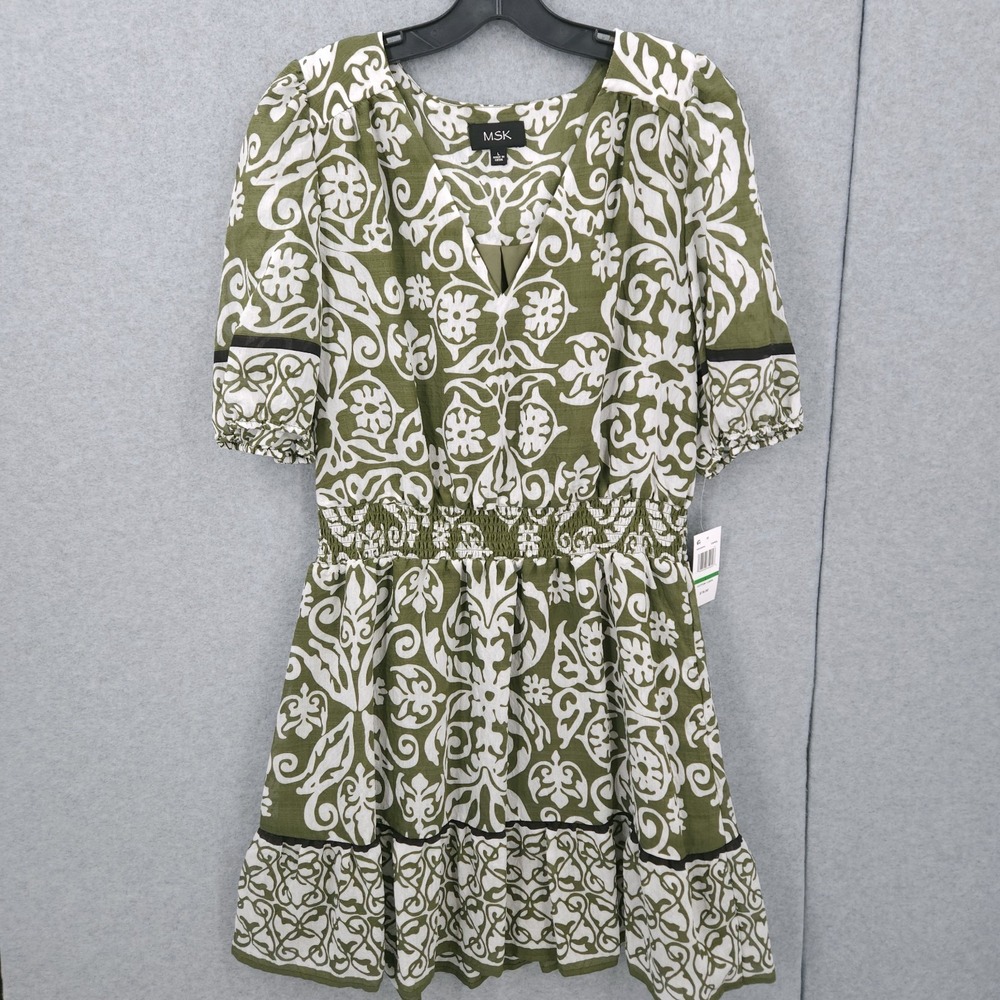 MSK Short Puff Sleeve V Neck A Line Green Short Dress Womens Size L NWT